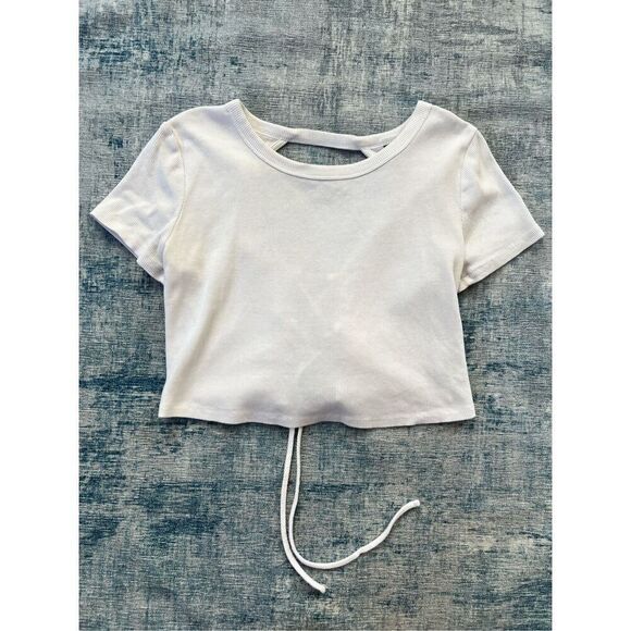 Wild Fable White Tie Lace Up Back Short Sleeve Crop Top Medium - Picture 1 of 5